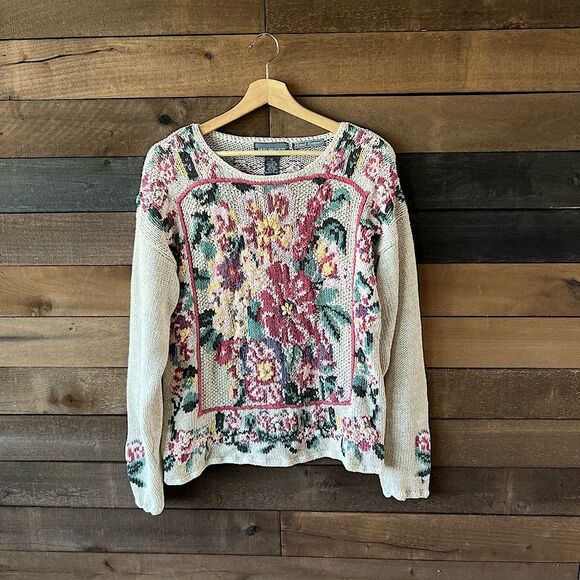 Vintage Sweaters - Vintage Hand Knit Floral Sweater by Maurices – Size Small